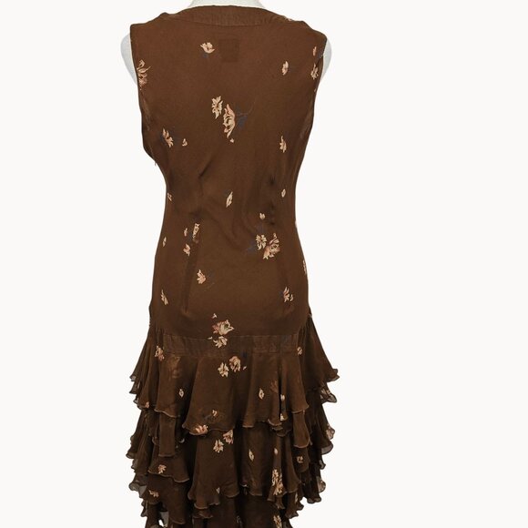 Fairy Cottage Core Dress Frilled Layer Midi Silk Brown Floral 12 Nicole Miller - Picture 3 of 16